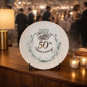 Vintage 1983 Lefton 50th Anniversary‎ Plate Gold Trim Wedding Bells 9" MCM Retro
